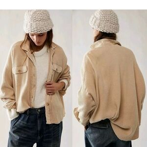 Free People One Scout Jacket Shacket Waffle Thermal Knit Slouchy Nude Sand L